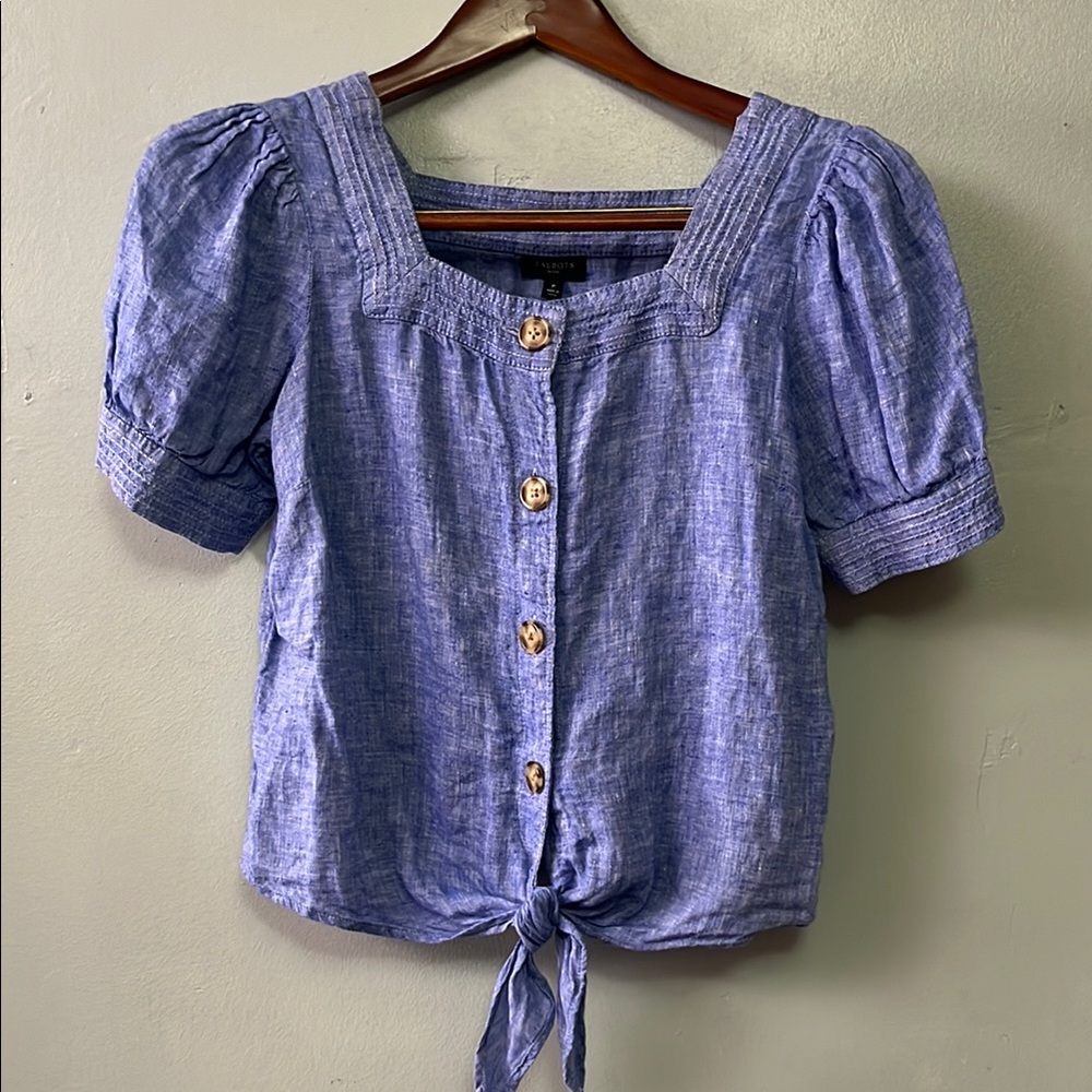 Talbots Blue Puff Sleeve Button Down Blouse